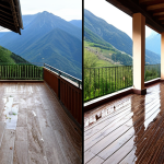 **A before-and-after photo showcasing a renovated terrace in Valtellina, Italy. The "before" image shows a damaged and leaking terrace; the "after" image shows a beautiful, waterproofed terrace with a stunning mountain view. Focus on the quality of the waterproofing materials.**