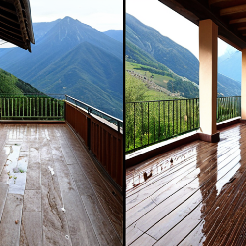 **A before-and-after photo showcasing a renovated terrace in Valtellina, Italy. The "before" image shows a damaged and leaking terrace; the "after" image shows a beautiful, waterproofed terrace with a stunning mountain view. Focus on the quality of the waterproofing materials.**