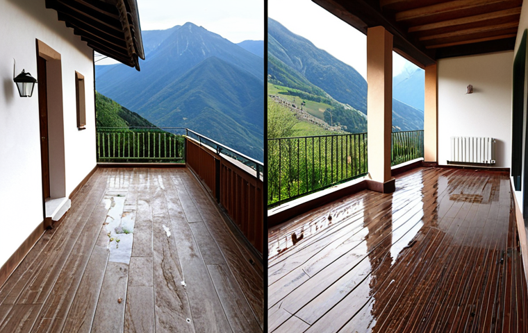**A before-and-after photo showcasing a renovated terrace in Valtellina, Italy. The "before" image shows a damaged and leaking terrace; the "after" image shows a beautiful, waterproofed terrace with a stunning mountain view. Focus on the quality of the waterproofing materials.**