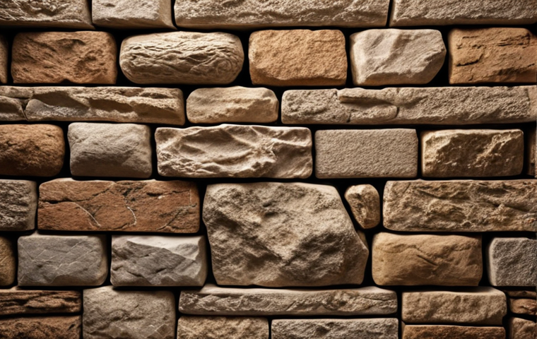 **Elegant stone facade:** Close-up of natural stone building materials in warm, earthy tones. Professional lighting, showcasing texture and detail. Focus on conveying a sense of luxury and quality.