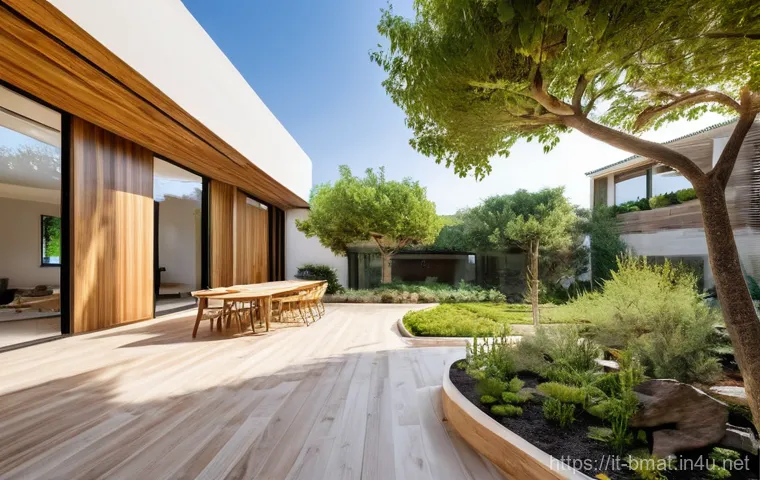건축자재 마케팅과 건축 트렌드 연계 - **Sustainable Mediterranean Villa with Integrated Greenery**
A bright, wide-angle shot of a mode...