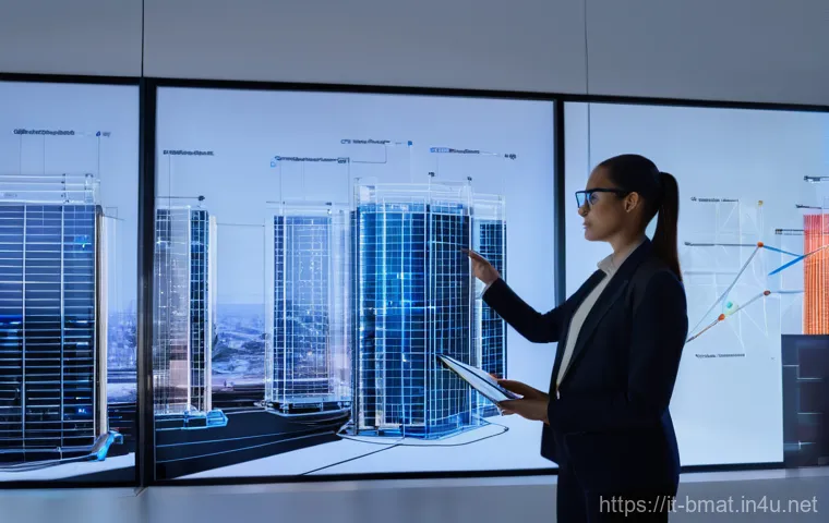 건축자재 마케팅에서 데이터 분석 활용 - **Prompt:** A dynamic, high-tech architectural office environment where a diverse team of constructi...