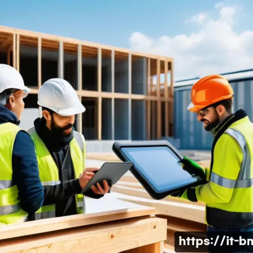 건축자재 마케팅과 기술 혁신 사례 - **Prompt:** A group of diverse construction workers collaborating on a modern, eco-friendly building...