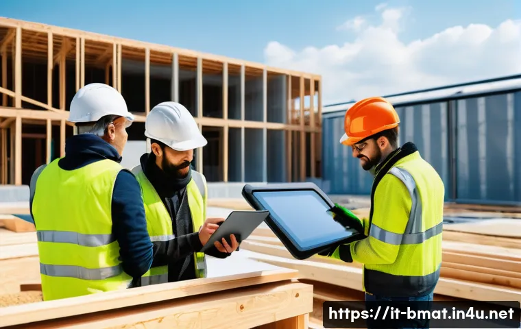 건축자재 마케팅과 기술 혁신 사례 - **Prompt:** A group of diverse construction workers collaborating on a modern, eco-friendly building...