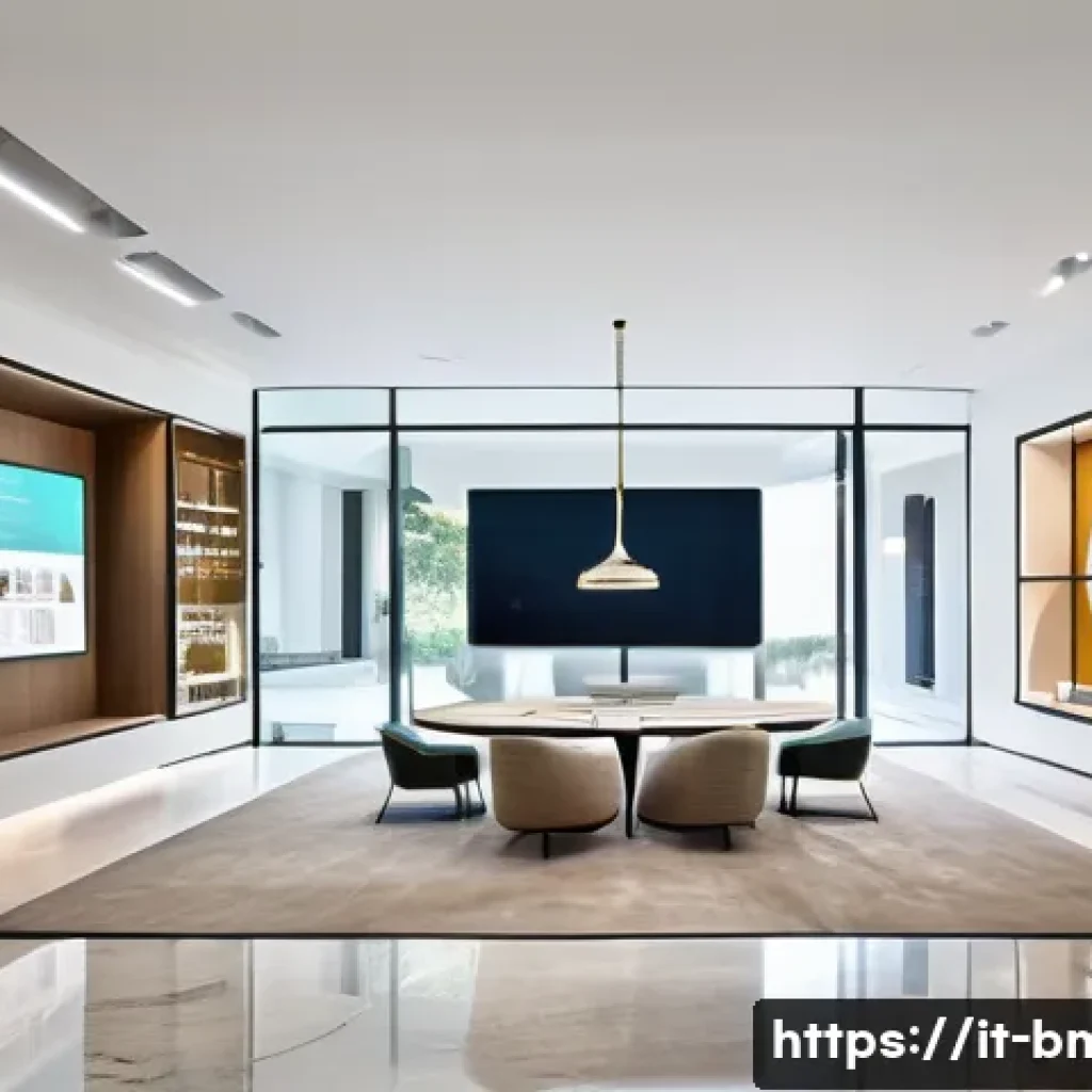 건축자재 수출 마케팅 전략 - **Prompt: "A sleek, expansive digital showroom for 'Made in Italy' construction materials. The scene...
