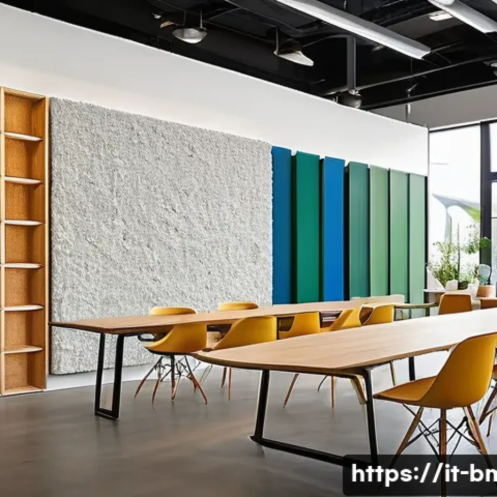 건축자재 마케팅 전문가 되는 법 - A modern construction materials showroom featuring eco-friendly building supplies prominently displa...