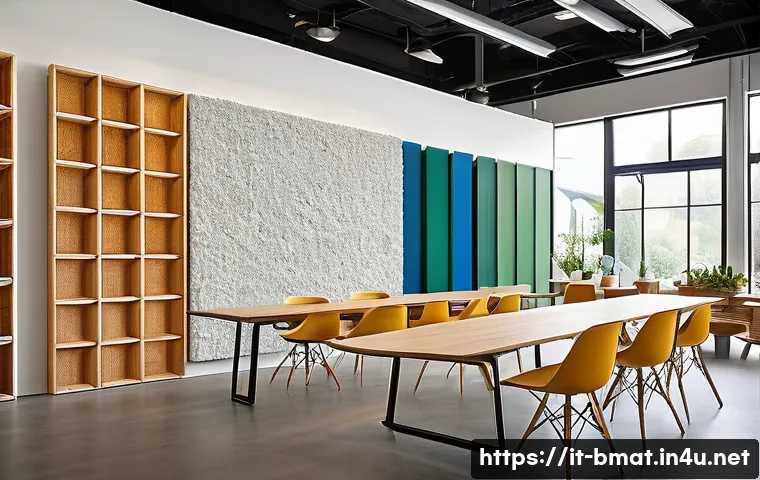 건축자재 마케팅 전문가 되는 법 - A modern construction materials showroom featuring eco-friendly building supplies prominently displa...