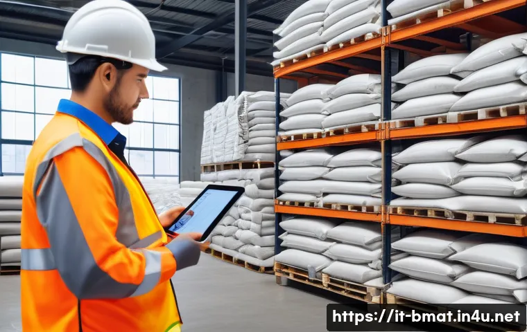 건축자재 마케팅에서의 리스크 관리 - A modern construction materials warehouse interior with neatly organized stacks of cement bags, stee...