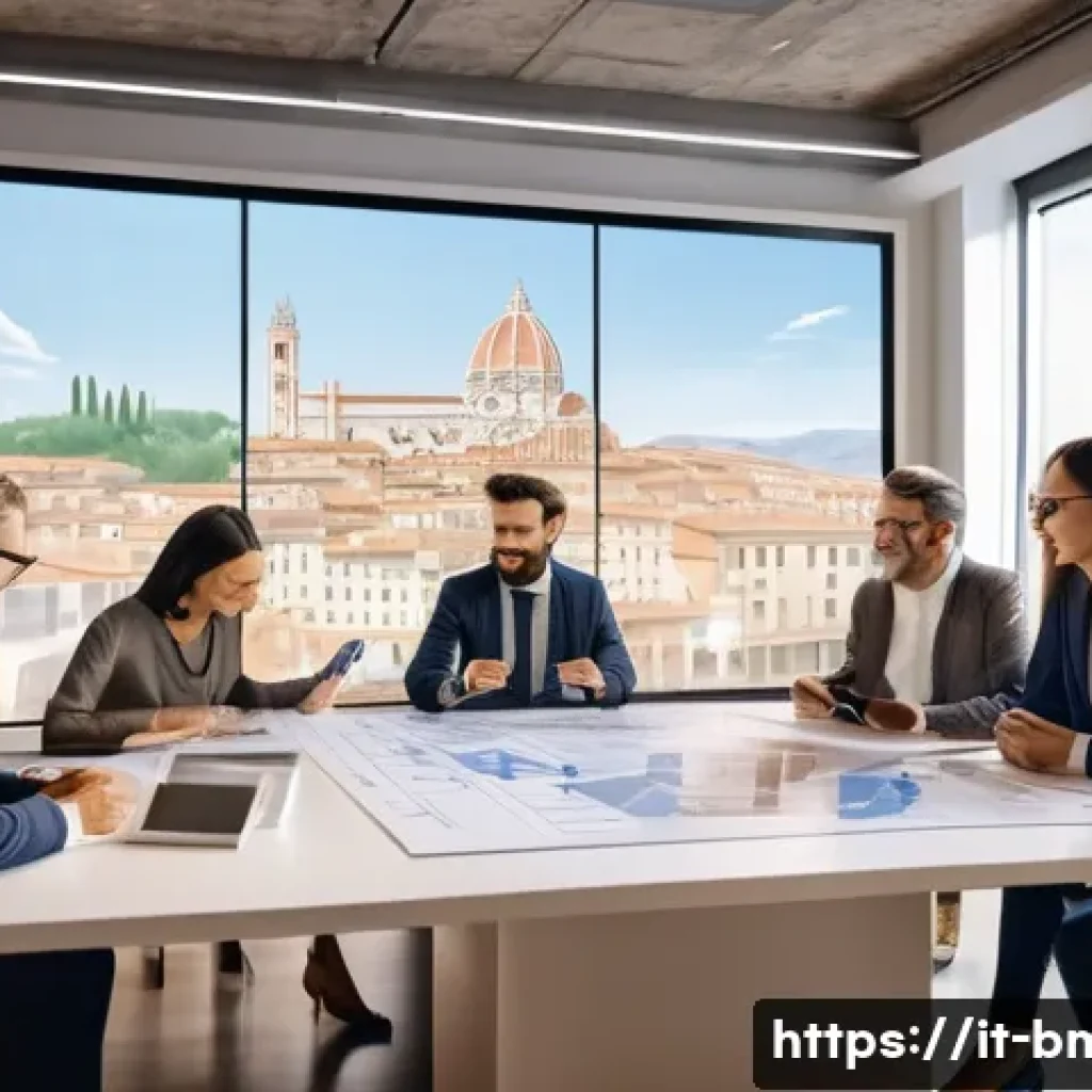 건축자재 마케팅 프로젝트 관리 - A professional marketing team meeting in a modern Italian office setting, diverse group of adults co...
