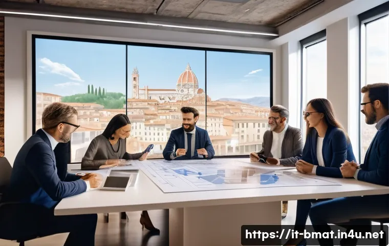 건축자재 마케팅 프로젝트 관리 - A professional marketing team meeting in a modern Italian office setting, diverse group of adults co...