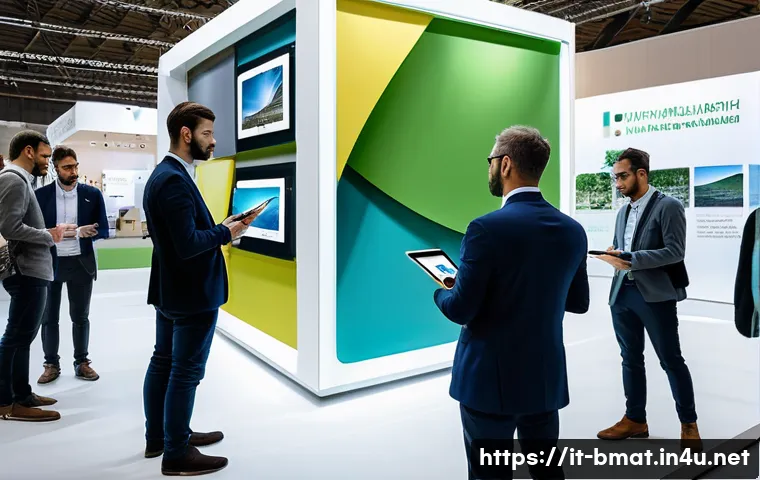 건축자재 홍보 캠페인 사례 - A professional construction materials trade show scene in Italy, featuring diverse architects and en...