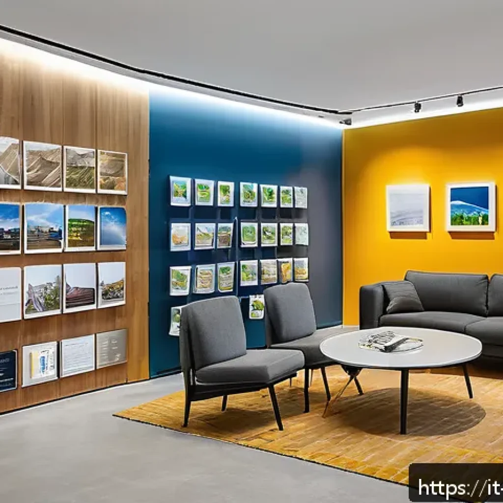 건축자재 마케팅 전략 수립 워크샵 - A professional construction materials showroom interior in Italy, showcasing a variety of eco-friend...