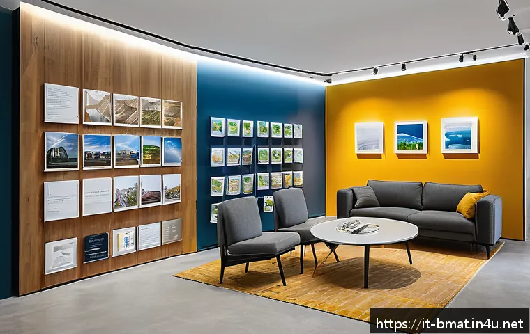 건축자재 마케팅 전략 수립 워크샵 - A professional construction materials showroom interior in Italy, showcasing a variety of eco-friend...