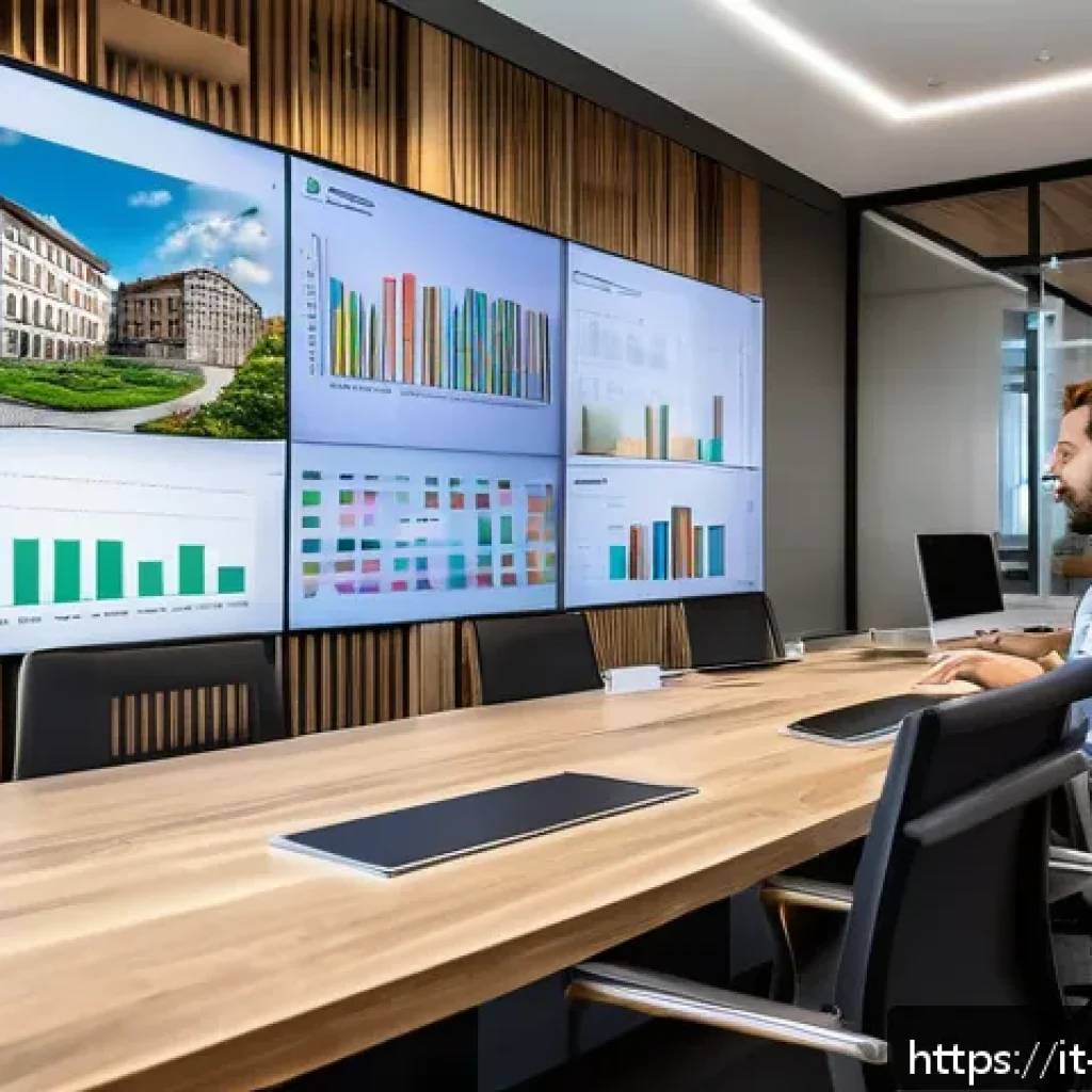 건축자재 마케팅에서의 AI 활용 - A modern Italian construction company office scene with diverse professionals analyzing large digita...