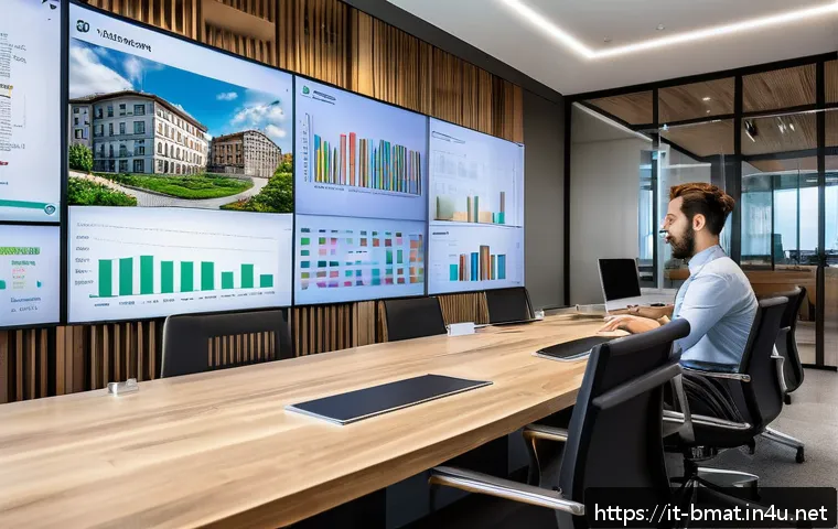 건축자재 마케팅에서의 AI 활용 - A modern Italian construction company office scene with diverse professionals analyzing large digita...