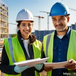 건축자재 광고 문구 작성법 - A modern construction site in Italy at golden hour, showcasing a diverse team of professionals inclu...
