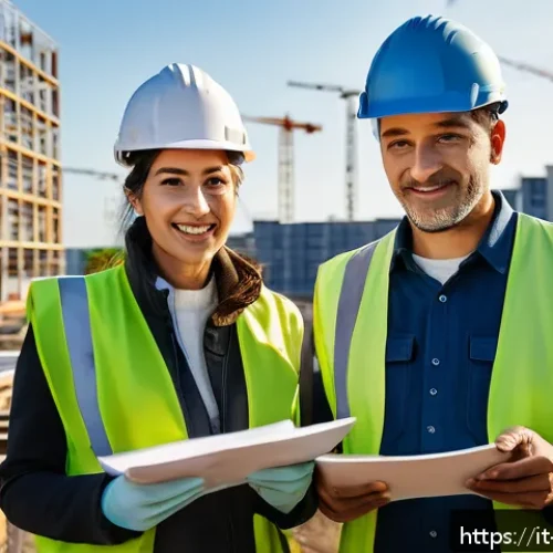 건축자재 광고 문구 작성법 - A modern construction site in Italy at golden hour, showcasing a diverse team of professionals inclu...