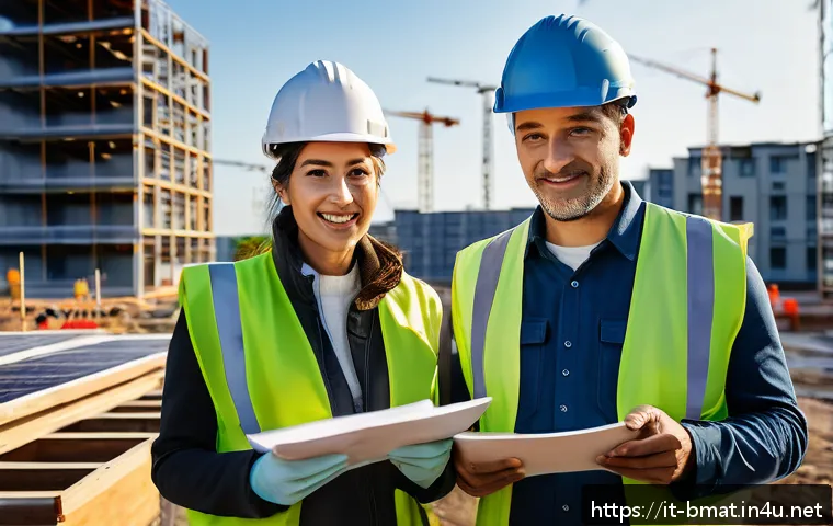 건축자재 광고 문구 작성법 - A modern construction site in Italy at golden hour, showcasing a diverse team of professionals inclu...