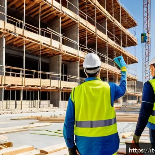 건축자재 관련 뉴스레터 제작 방법 - A modern construction site in Italy featuring diverse professionals such as architects, engineers, a...