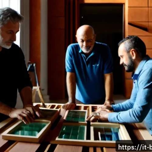 건축자재 마케팅에서의 협업 사례 - Photorealistic architectural materials collaboration meeting in a sunlit Milan design studio, Italia...