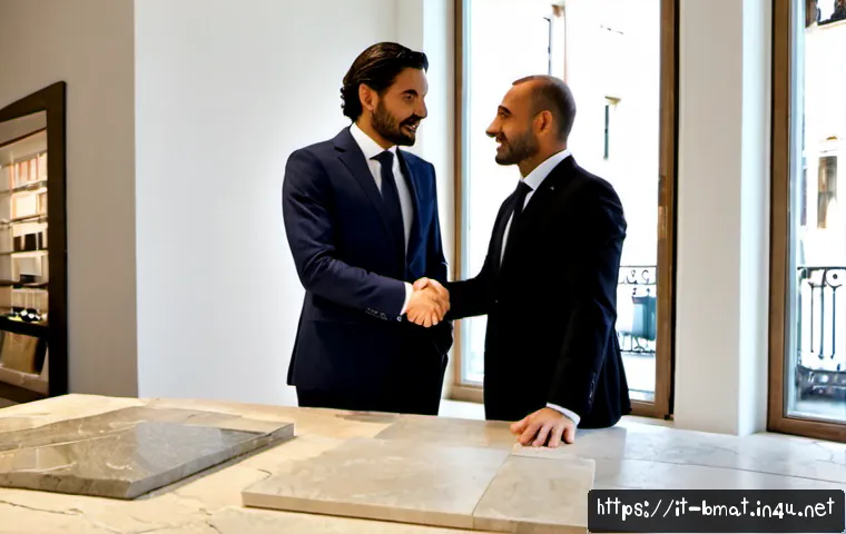 Home 17 건축자재 마케팅 전문가 네트워킹 팁 - Photorealistic architectural materials networking event in a modern Milan showroom, two Italian cons...